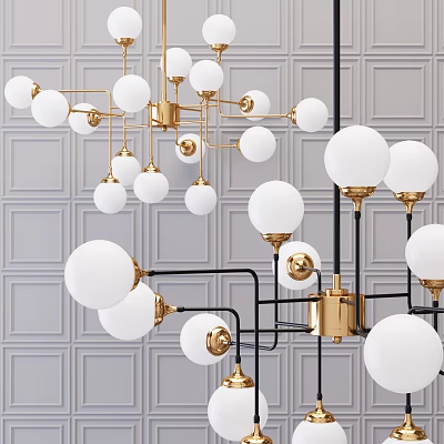 Modern Multi Arm Chandelier With Spherical White Bulbs Gold Black Metal Frame 3d model