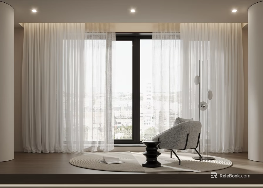 White Sheer Curtains in Modern Living Room with Large Window Gray Chair and Round Rug 3d model 