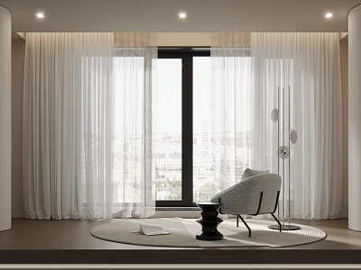 White Sheer Curtains in Modern Living Room with Large Window Gray Chair and Round Rug 3d model