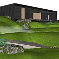 Tranquil Natural Garden Featuring Pine Tree Stone Rocks And Wooden Cabin