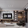 Modern Elegant Open Living Dining Room With Marble Wall Gray Sofa Geometric Rug Floor-to-Ceiling Windows