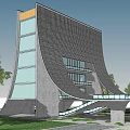 Modern Cultural Center Building Curved Design With Glass Curtain Walls Gray Stone And Wooden Accents