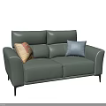 Light Green Leather Two Seater Sofa with Yellow Patterned Light Blue Cushions Black Metal Legs 3d model