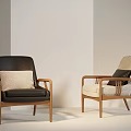 Modern Leisure Chairs With Wooden Armrests Black Leather Light Fabric And Contrasting Cushions