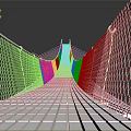 Modern Suspension Bridge With Metal Mesh Railings And Wooden Plank Deck