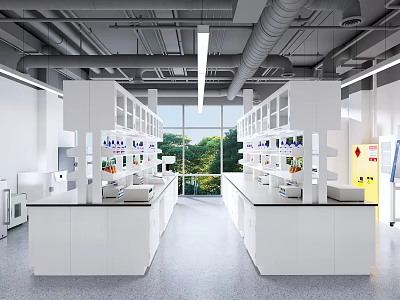 Modern Laboratory Interior With White Cabinets Equipment And Large Windows 3d model
