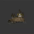 Cartoon Scene Featuring Floating Island Yellow House Trees Wooden Platform And Stairs