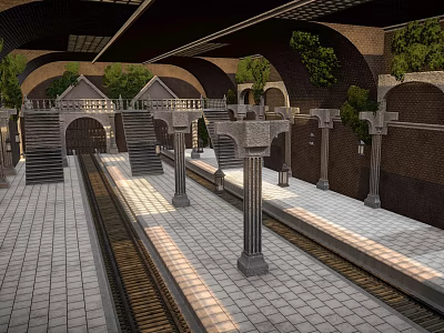 Subway Platform With Arched Structures Stone Pillars Brick Walls Trees And Tracks 3d model