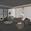 Modern Living Room Interior With Leather Sofa Marble Coffee Table Bookshelf And Decorative Painting