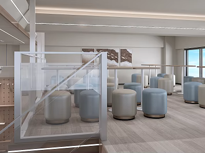 Modern Milk Tea Shop Interior With Open Space Gray Stools And Wooden Flooring 3d model