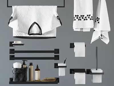 Bathroom Daily Washing Essentials With White Towels Black Racks Toilet Paper Holders And Toiletries 3d model