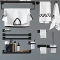 Bathroom Daily Washing Essentials With White Towels Black Racks Toilet Paper Holders And Toiletries