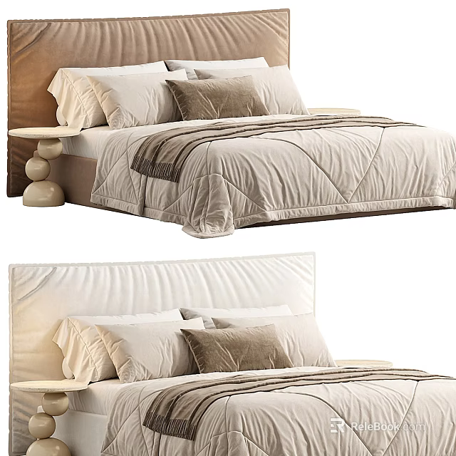 Double Bed Design With Wooden Headboard Round Nightstand Beige Quilt And Brown Pillows 3d model 
