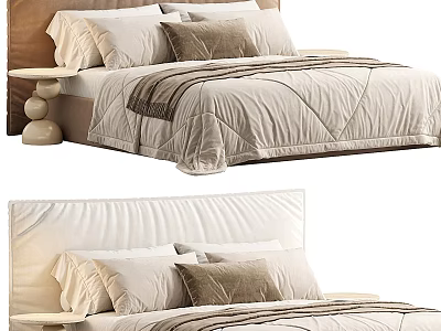 Double Bed Design With Wooden Headboard Round Nightstand Beige Quilt And Brown Pillows 3d model