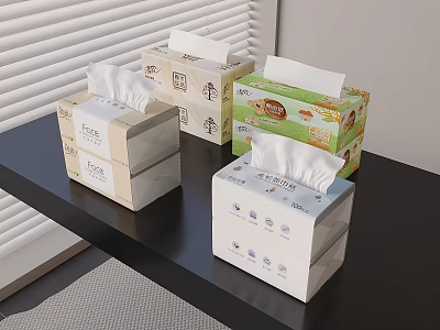 Daily Necessity Tissue Boxes With Various Packaging Designs On Black Shelf 3d model