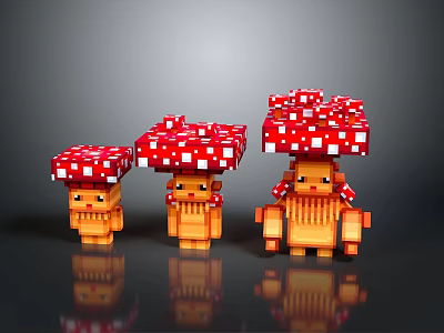 Three Pixel Style Game Characters With Red White Spotted Mushroom Caps And Orange Bodies 3d model