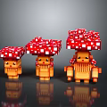 Three Pixel Style Game Characters With Red White Spotted Mushroom Caps And Orange Bodies