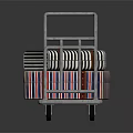 Metal Cart With Red Blue White Striped Packages And Wheels On Dark Background