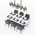 Modern Dining Table Set With Gray Chairs Pendant Light Tableware And Flower Vase 3d model