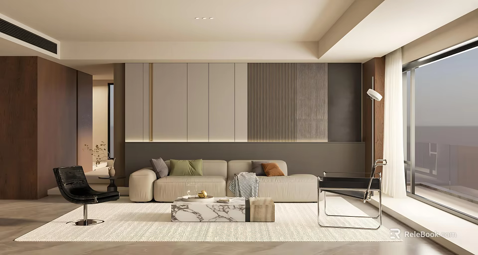 Modern Living Room Interior With Neutral Sofa Paneled Wall And Marble Coffee Table 3d model 