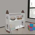 Rocket Shaped White and Brown Bookcase with Books in Kids Room and Colorful Blocks