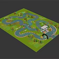 Cartoon Racing Track Scene With Green Grass Curved Roads And Toy Cars