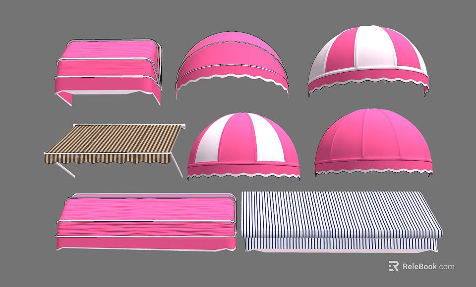 Various Colorful Awnings With Rectangular Circular And Striped Designs In Pink Blue White And Brown 3d model 