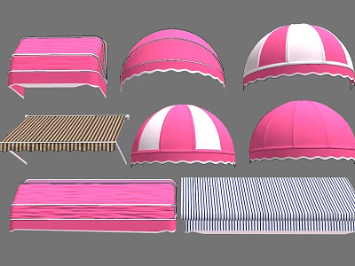 Various Colorful Awnings With Rectangular Circular And Striped Designs In Pink Blue White And Brown 3d model