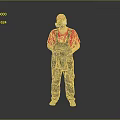 Man in Red T-shirt and Gray Overalls Wearing Gas Mask Standing Against Gray Background