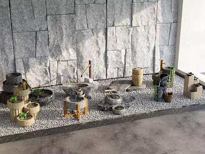 Japanese style landscape sketch courtyard waterscape sketch water bowl stone mill water drop sketch 3d model