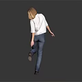 Blonde Woman In White Top Blue Jeans Lifting One Leg Against Gray Black Gradient Background