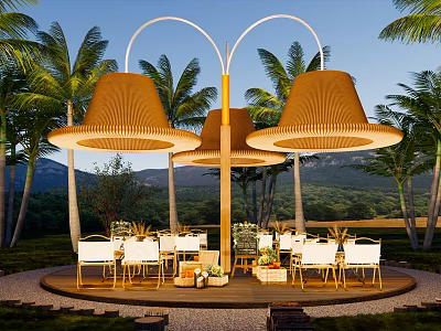 Outdoor Camping Tent With Palm Trees Tables Chairs And Mountain View Landscape Area 3d model