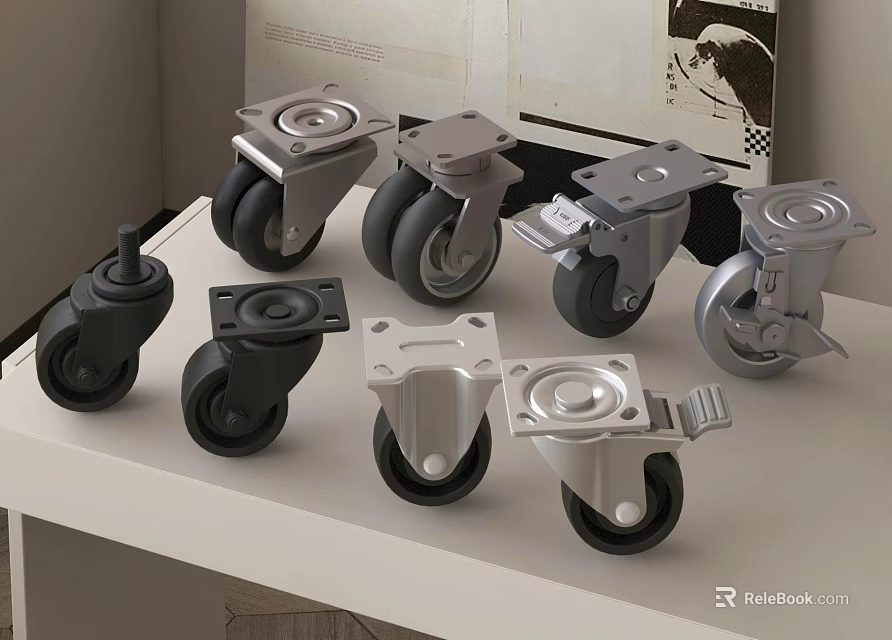 Assorted Rubber Tires For Swivel Casters With Heavy Duty Brake And Metal Base 3d model 