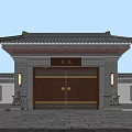 Traditional Chinese Entrance Gate With Black Tiled Roof Stone Lions And Wooden Doors