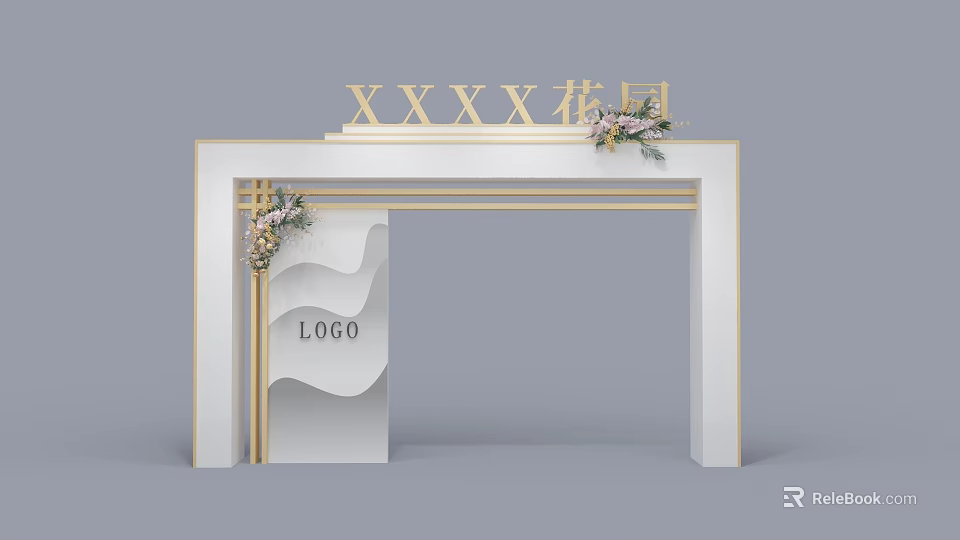 Event Entrance with White Gold Design Golden Text Floral Decoration Left Central LOGO Wavy Accents 3d model 