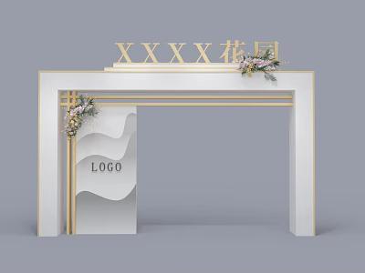 Event Entrance with White Gold Design Golden Text Floral Decoration Left Central LOGO Wavy Accents 3d model