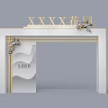Event Entrance with White Gold Design Golden Text Floral Decoration Left Central LOGO Wavy Accents