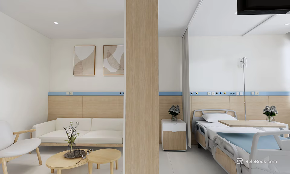 Modern Hospital Outpatient Clinic Interior With Comfortable Sofa Coffee Tables Bed IV Stand And Paintings 3d model 
