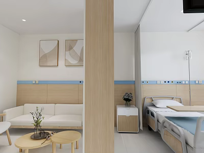 Modern Hospital Outpatient Clinic Interior With Comfortable Sofa Coffee Tables Bed IV Stand And Paintings 3d model
