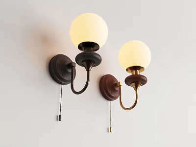 Classic Design Wall Lamps With Wooden Bases White Spherical Shades Metal Arms And Pull Chains 3d model