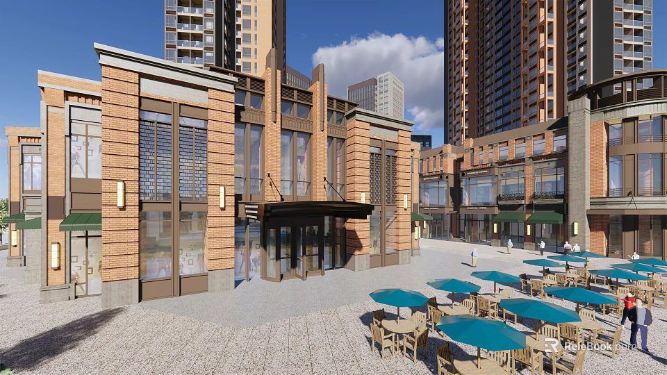 Modern Commercial Street With Glass Windows Outdoor Seating Cafes And High Rise Buildings 3d model 
