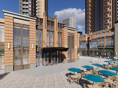 Modern Commercial Street With Glass Windows Outdoor Seating Cafes And High Rise Buildings 3d model