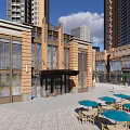 Modern Commercial Street With Glass Windows Outdoor Seating Cafes And High Rise Buildings
