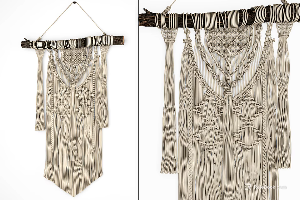 Macramé Wall Hanging With Wooden Branch Frame And Geometric Knot Tassel Patterns 3d model 
