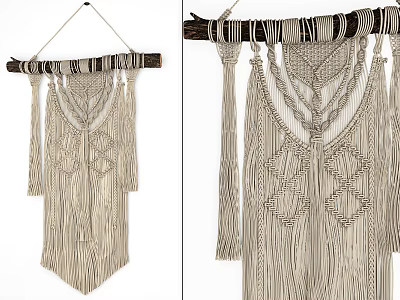 Macramé Wall Hanging With Wooden Branch Frame And Geometric Knot Tassel Patterns 3d model