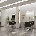 Modern Beauty Hair Salon Interior With Marble Floors Barber Chairs Mirrors And Lighting