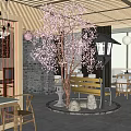 Japanese Restaurant Interior With Cherry Blossom Tree Wooden Tables Chairs And Lantern