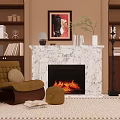 Cozy Living Room Interior With Marble Fireplace Flames Built In Bookshelves Green Armchair And Ottoman