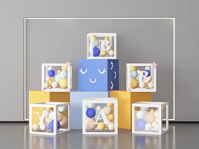 Colorful Geometric Art Installation with Transparent Cubes Containing Spheres And Letters 3d model