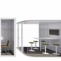 Modern Public Facilities With Transparent Enclosed Work Pods And Seating Tables
